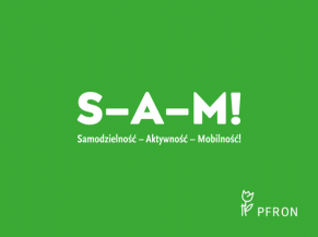 Logotyp pakietu Samodzielność Aktywność Mobilność, białe znaki S-A-M! i nazwa pakietu oraz logo PFRON na zielonym tle