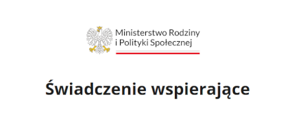 Logotyp Ministerstwa Rodziny i Polityki Społecznej (z godłem RP) pod spodem napis "Świadczenie wspierające"