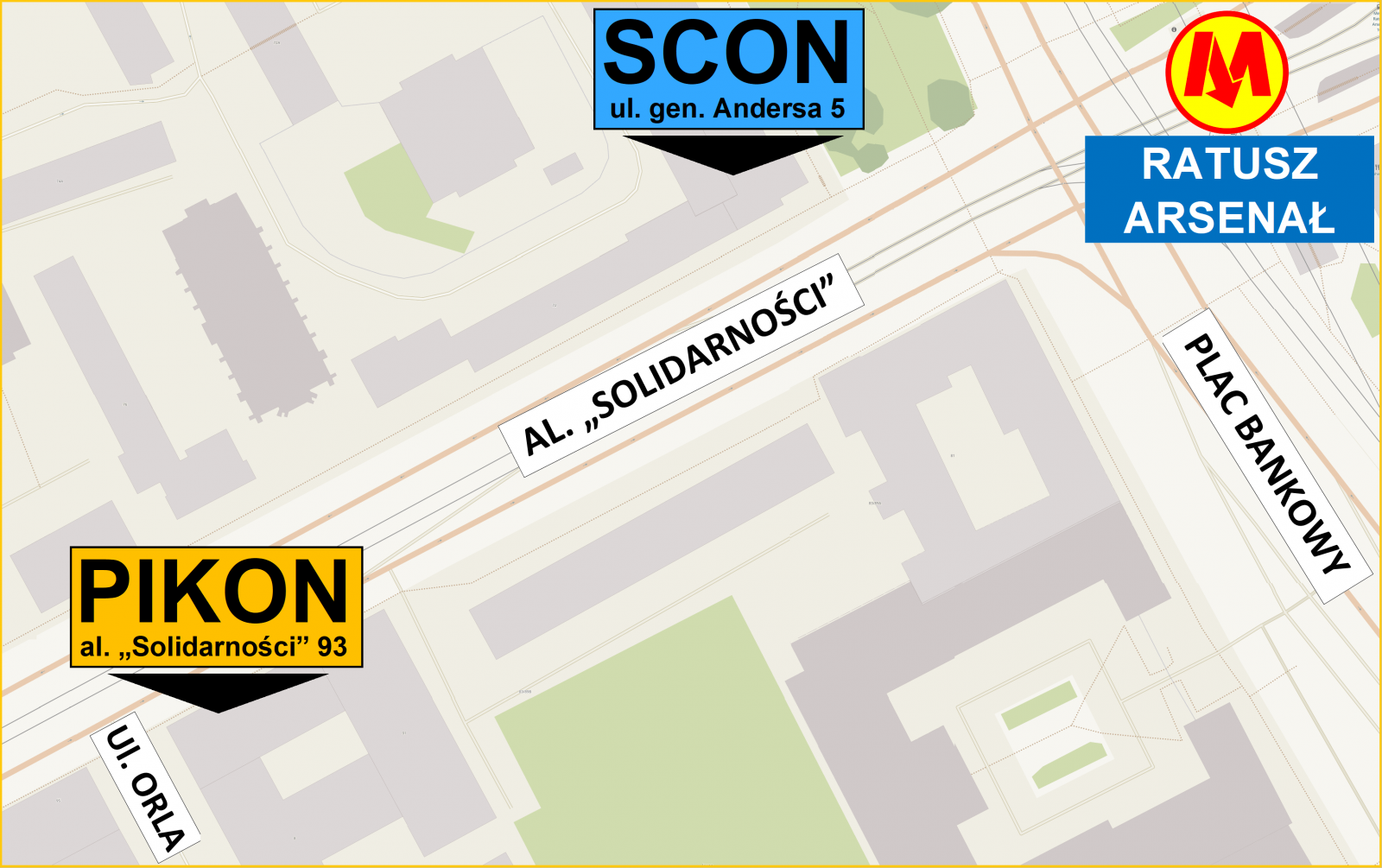 Mapa poglądowa - lokalizacja PIKON względem SCON oraz stacją metra Ratusz-Arsenał z układem ulic. [993.15 KB]